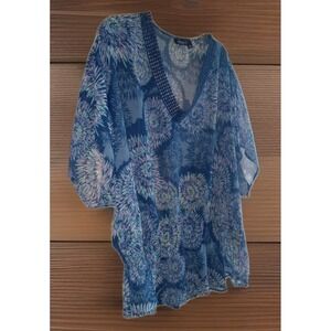 Ana 2X Womens Blue Blouse Flowy Dandelion Peasant Top Boho Sheer Crochet Neck
